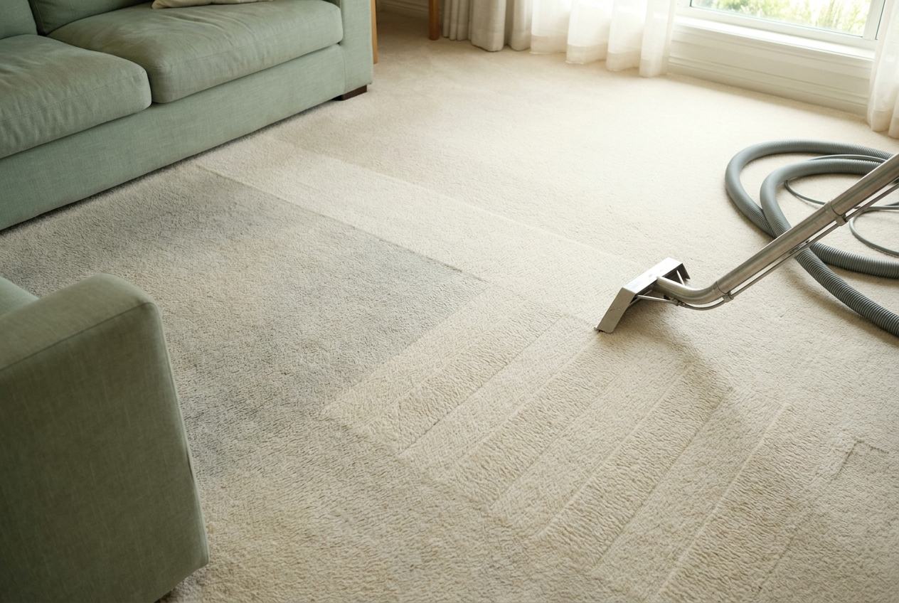 A cream sitting-room carpet half cleaned, with fresh lanes beside the duller pile and an extraction wand resting on it near a sage green sofa.